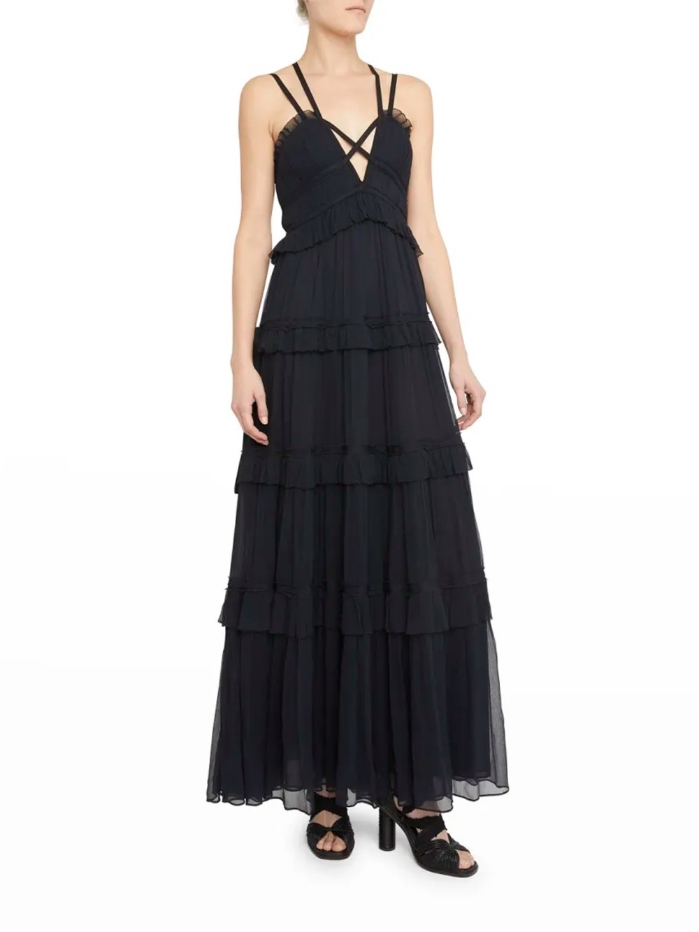 Ulla Johnson Agatha gown - Black Ruffled Tiered Maxi Dress with Strappy V-Neck - Picture 2 of 12